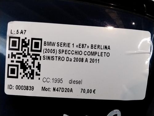 Specchietto Retrovisore Sinistro BMW Serie 1 Serie (E87) (07>)